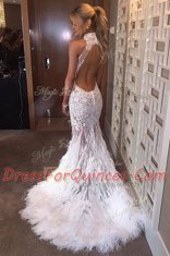 Pretty White Sleeveless Court Train Lace Homecoming Dress