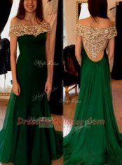 Custom Fit Off the Shoulder Short Sleeves Sweep Train Side Zipper Beading and Pleated Prom Evening Gown