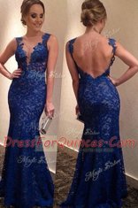 Blue Lace Backless Homecoming Dress Sleeveless With Brush Train Lace