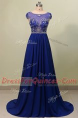 Glittering Column/Sheath Prom Gown Blue Scoop Chiffon Cap Sleeves With Train Zipper