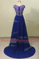 Glittering Column/Sheath Prom Gown Blue Scoop Chiffon Cap Sleeves With Train Zipper
