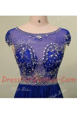 Glittering Column/Sheath Prom Gown Blue Scoop Chiffon Cap Sleeves With Train Zipper