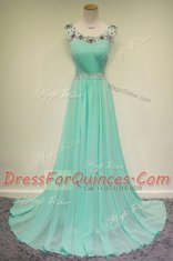 Customized Scoop Sleeveless Chiffon Prom Dress Beading Brush Train Zipper