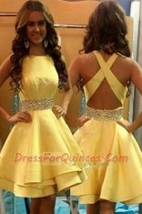Traditional Scoop Sleeveless Prom Gown Knee Length Beading Yellow Satin