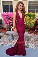 Mermaid Elastic Woven Satin Sleeveless Prom Gown Sweep Train and Ruching