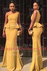 Hot Sale Mermaid Yellow Zipper One Shoulder Ruching Evening Dress Elastic Woven Satin Sleeveless
