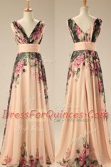 Amazing Embroidery and Belt Prom Party Dress Champagne Zipper Sleeveless Sweep Train