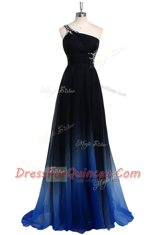 One Shoulder Navy Blue Sleeveless Beading Floor Length Evening Dress