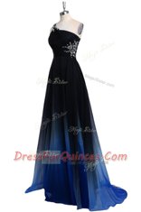 One Shoulder Navy Blue Sleeveless Beading Floor Length Evening Dress