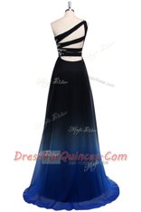 One Shoulder Navy Blue Sleeveless Beading Floor Length Evening Dress