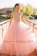 Scoop Pink Tulle Zipper Prom Gown Sleeveless Floor Length Beading