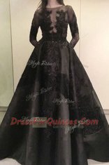 Black Prom Evening Gown Prom and Party and For with Beading and Appliques Bateau Long Sleeves Zipper