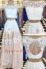 Bateau Cap Sleeves Dress for Prom Floor Length Beading and Lace Champagne Chiffon