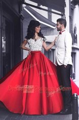 Off the Shoulder Red Short Sleeves Floor Length Appliques Zipper Prom Gown