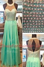 Apple Green Sleeveless Beading Floor Length Dress for Prom