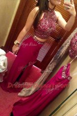 Fantastic Fuchsia Column/Sheath Elastic Woven Satin High-neck Sleeveless Beading Floor Length Zipper Dress for Prom