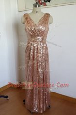 Sequined V-neck Sleeveless Lace Up Pleated Homecoming Dress in Pink