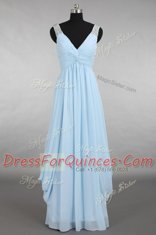 Light Blue V-neck Zipper Beading Prom Evening Gown Sleeveless