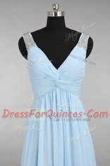 Light Blue V-neck Zipper Beading Prom Evening Gown Sleeveless