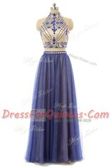 Best Halter Top Navy Blue A-line Appliques Prom Dresses Zipper Tulle Sleeveless Floor Length