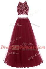 Customized Halter Top Burgundy A-line Beading Evening Dress Zipper Tulle Sleeveless Floor Length
