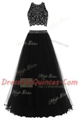 Customized Halter Top Burgundy A-line Beading Evening Dress Zipper Tulle Sleeveless Floor Length