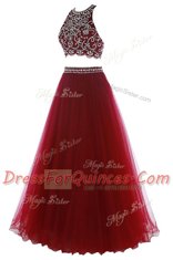 Customized Halter Top Burgundy A-line Beading Evening Dress Zipper Tulle Sleeveless Floor Length