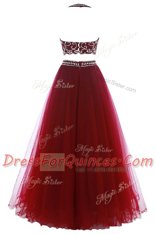 Customized Halter Top Burgundy A-line Beading Evening Dress Zipper Tulle Sleeveless Floor Length