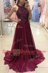Delicate Halter Top Sleeveless Beading Zipper Prom Gown with Burgundy Sweep Train