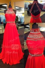 Classical Red Column/Sheath Chiffon Halter Top Sleeveless Beading Floor Length Backless Prom Dresses