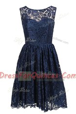 Exquisite Scoop Sleeveless Lace Knee Length Zipper Prom Evening Gown in Navy Blue with Hand Made Flower