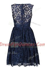 Exquisite Scoop Sleeveless Lace Knee Length Zipper Prom Evening Gown in Navy Blue with Hand Made Flower