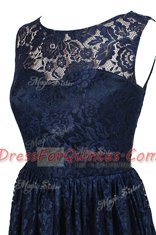 Exquisite Scoop Sleeveless Lace Knee Length Zipper Prom Evening Gown in Navy Blue with Hand Made Flower