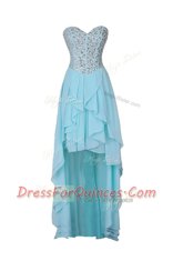 Admirable Blue Zipper Prom Evening Gown Beading Sleeveless High Low