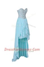 Admirable Blue Zipper Prom Evening Gown Beading Sleeveless High Low