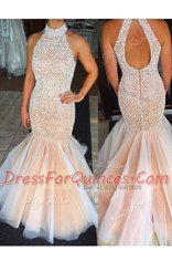 Elegant Mermaid Peach Sleeveless Tulle Zipper Prom Dresses for Prom and Party
