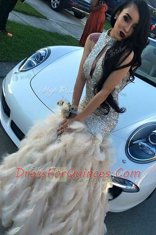 Mermaid Champagne Sequined Zipper High-neck Sleeveless Floor Length Homecoming Dress Beading
