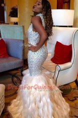 Mermaid Champagne Sequined Zipper High-neck Sleeveless Floor Length Homecoming Dress Beading