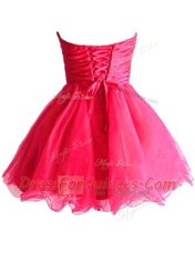 Hot Pink Ball Gowns Strapless Sleeveless Organza Mini Length Lace Up Beading and Sequins Homecoming Dress