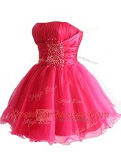 Hot Pink Ball Gowns Strapless Sleeveless Organza Mini Length Lace Up Beading and Sequins Homecoming Dress