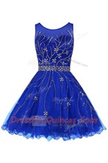Knee Length Royal Blue Dress for Prom Tulle Sleeveless Beading