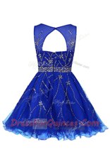 Knee Length Royal Blue Dress for Prom Tulle Sleeveless Beading