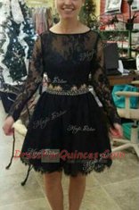 Dazzling Scoop Black Long Sleeves Lace Knee Length Evening Dress