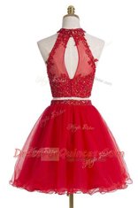 Superior Knee Length Red Prom Gown Halter Top Sleeveless Zipper