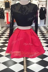 Stunning Red And Black Satin and Lace Zipper Scoop Long Sleeves Knee Length Prom Dress Lace