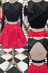 Stunning Red And Black Satin and Lace Zipper Scoop Long Sleeves Knee Length Prom Dress Lace