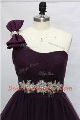 Chic Purple A-line One Shoulder Sleeveless Tulle Knee Length Lace Up Beading Prom Dresses