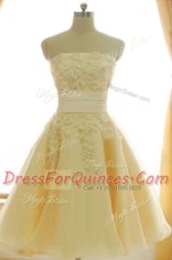 Dynamic Yellow A-line Appliques and Hand Made Flower Prom Dresses Zipper Satin and Chiffon Sleeveless Knee Length