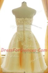 Dynamic Yellow A-line Appliques and Hand Made Flower Prom Dresses Zipper Satin and Chiffon Sleeveless Knee Length