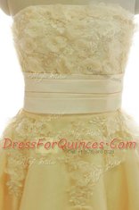 Dynamic Yellow A-line Appliques and Hand Made Flower Prom Dresses Zipper Satin and Chiffon Sleeveless Knee Length